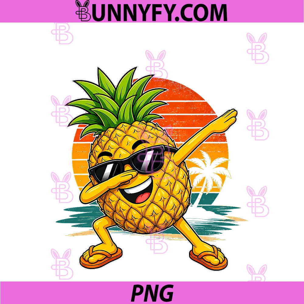 Dabbing Pineapple Sunglasses Cartoon PNG, Tropical Fruit Sunset PNG