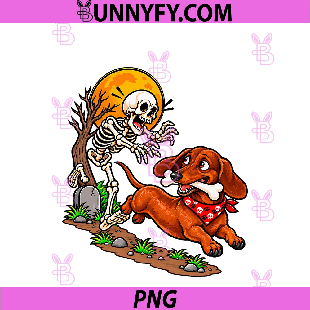 Dachshund Dog Stealing Bone From Skeleton PNG, Halloween PNG