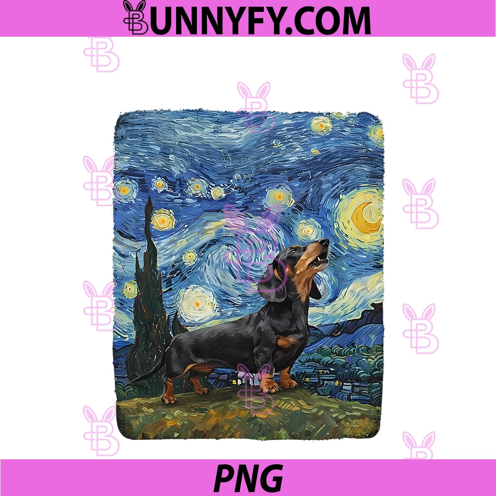 Dachshund Wiener Dog Howling At Moon PNG, Starry Night Van Gogh PNG