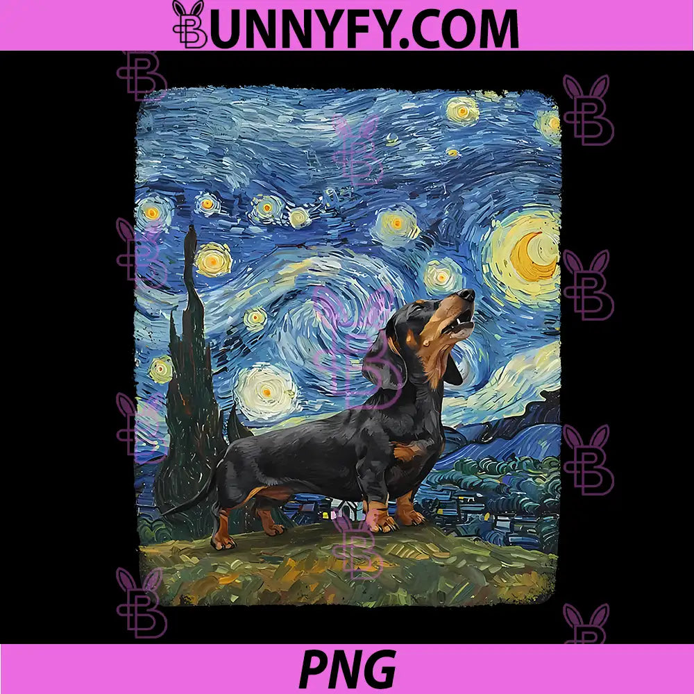 Dachshund Wiener Dog Howling PNG, At Moon Starry Night Van Gogh PNG