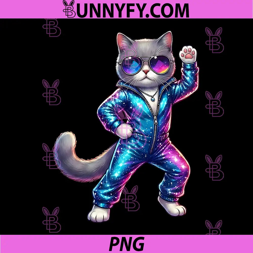 Cool Dancing Cat Wearing Galaxy Jumpsuit PNG, Disco Party Kitty PNG