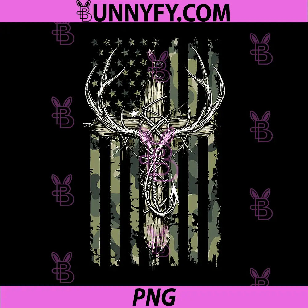 Deer Antlers Fishing PNG, Hook Christian Cross Camo Flag PNG