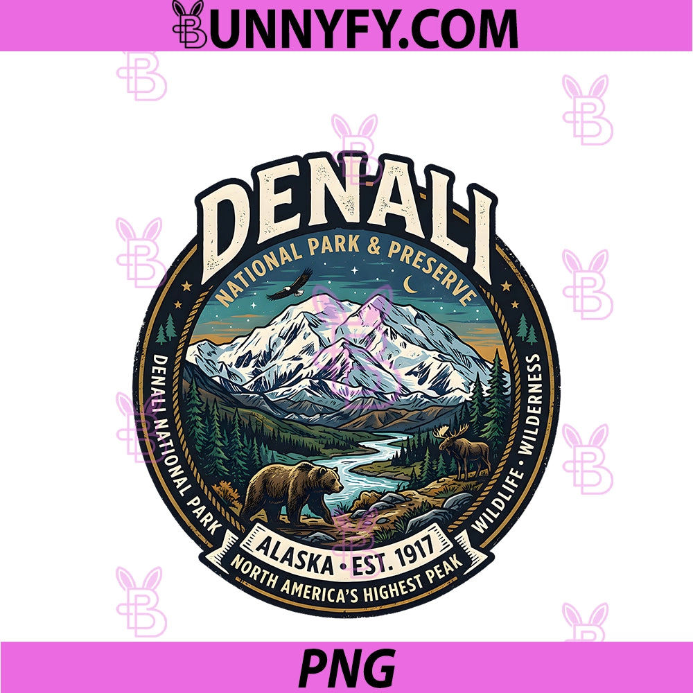 Denali National Park Alaska PNG, Mountain Wildlife Vintage Badge PNG
