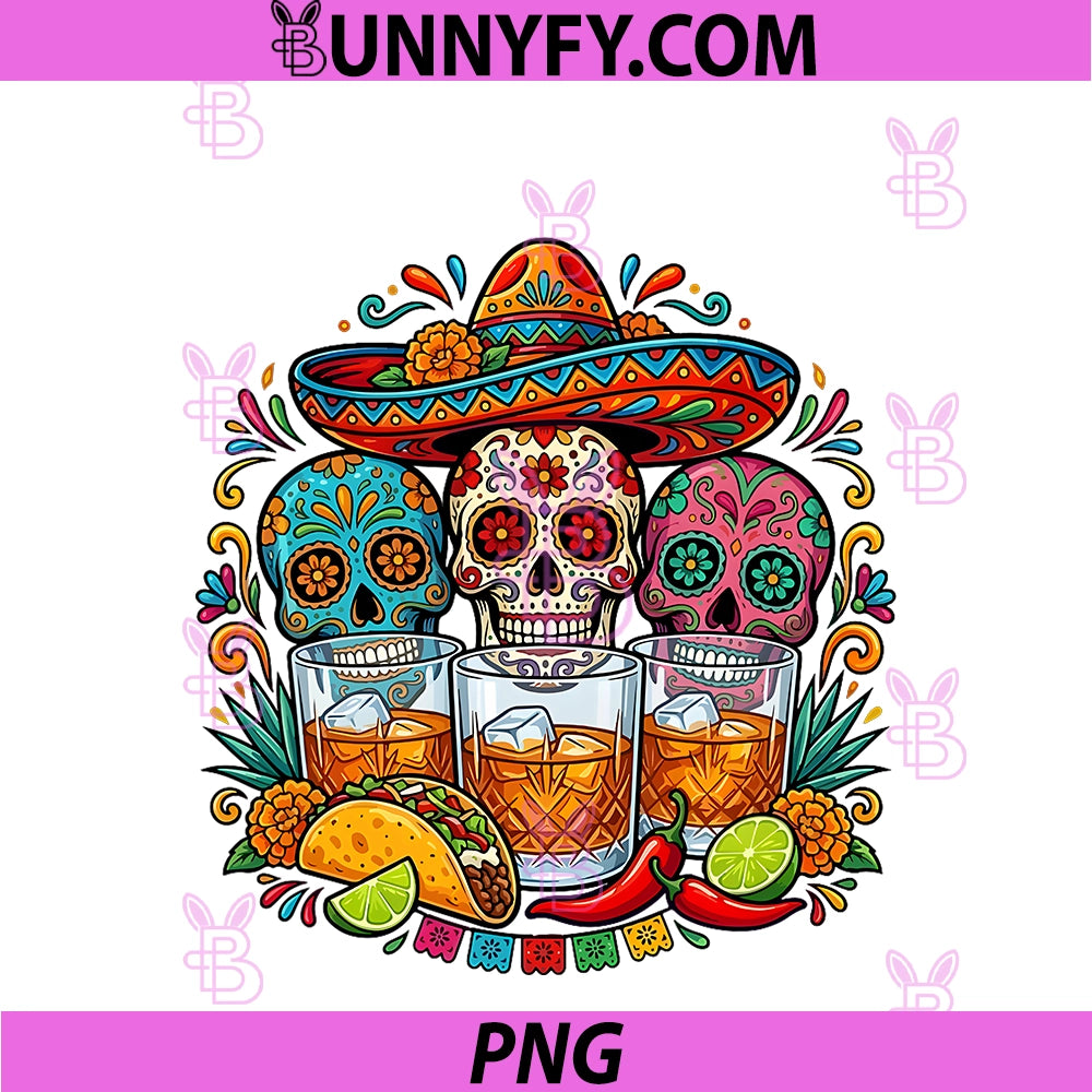 Dia De Los Muertos PNG, Three Glasses Of Bourbon Floral Skulls PNG
