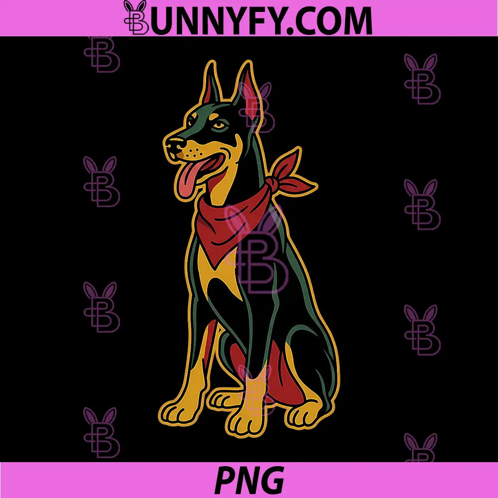 Doberman Tongue Out PNG, Retro Dog Art Paisley Bandana PNG