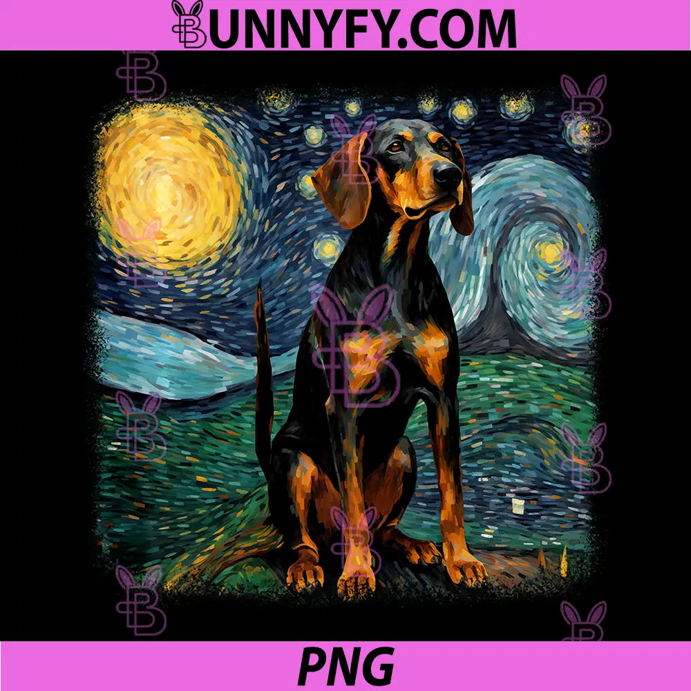 Dog in Starry Night Van Gogh PNG, Black and Tan Coonhound Performance PNG 