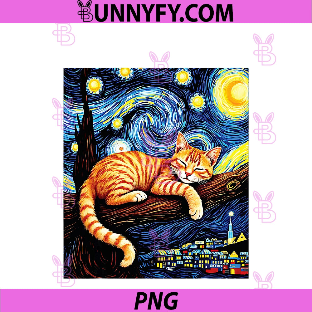 Dreamy Ginger Cat Tree Branch Sleeping PNG, Van Gogh Starry Night PNG
