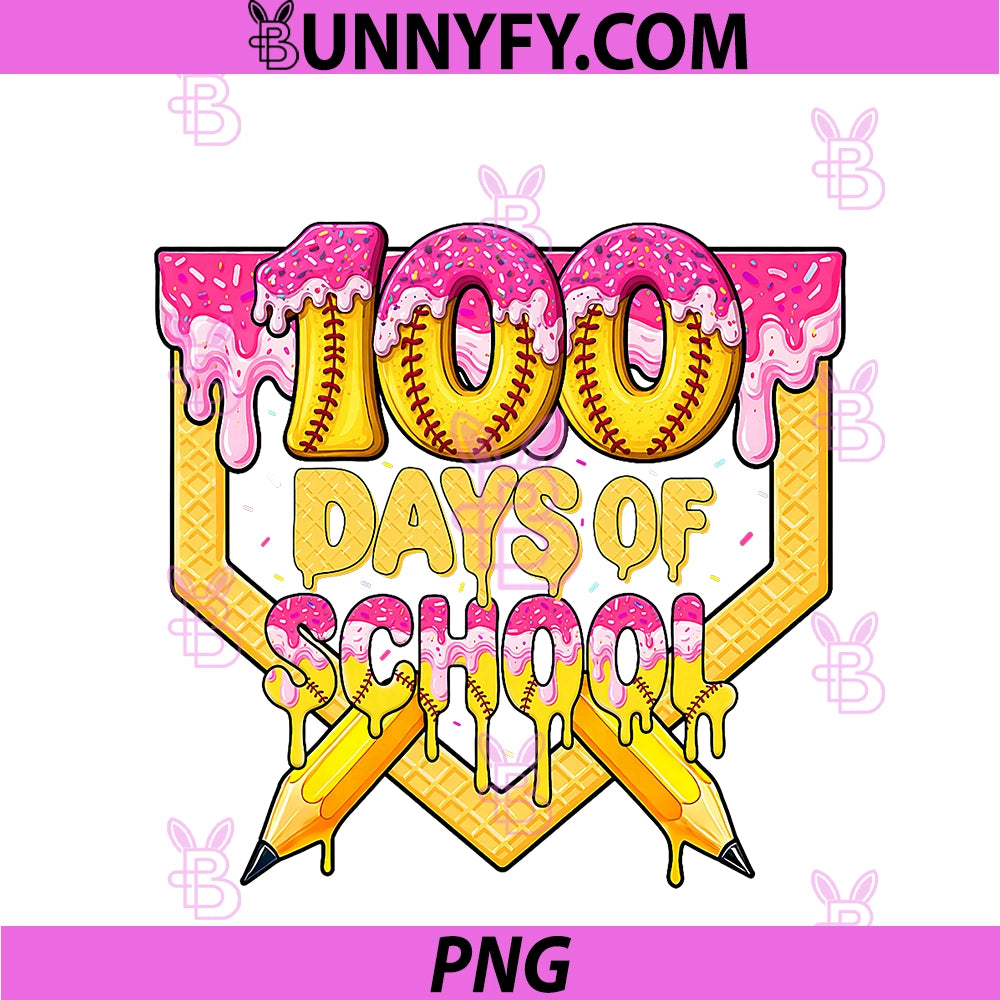 Drippy 100 Days Of School PNG, Softball Girls 100th Day Ice Cream PNG