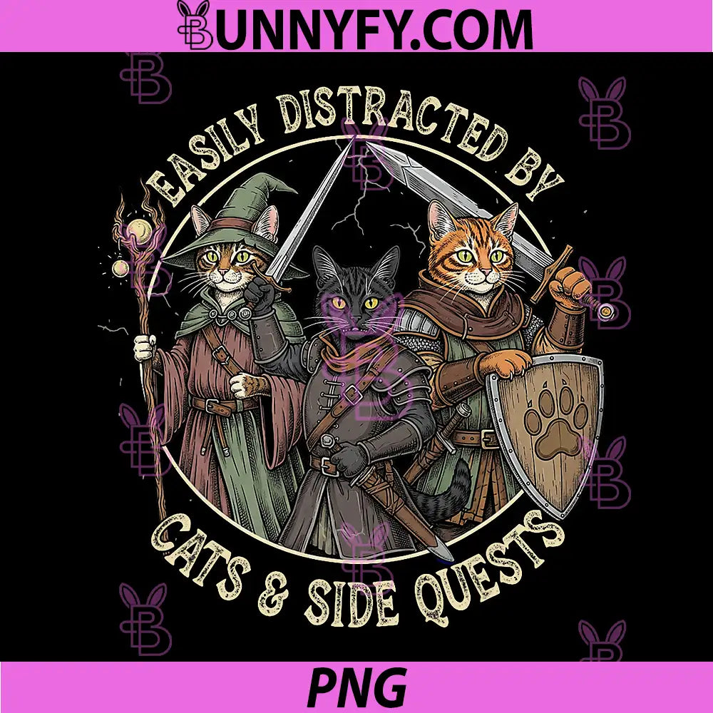 Easily Distracted by Cats Side Quests PNG, Funny Gamer Vintage PNG