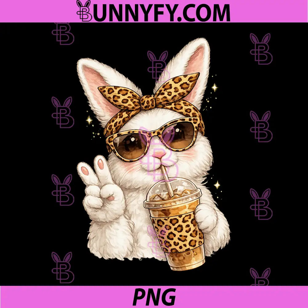Easter Bunny Glasses Bandana Leopard PNG, Drinking Ice Coffee PNG