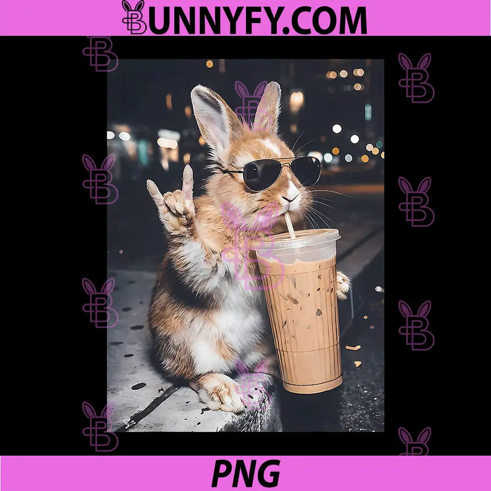Easter Bunny Rabbit Drinking Iced Coffee PNG, Funny Animal Meme PNG