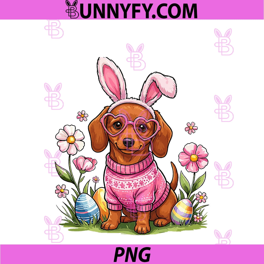 Easter Day Dachshund Dog Outfit PNG, Bunny Ears Egg & Basket Eggs PNG