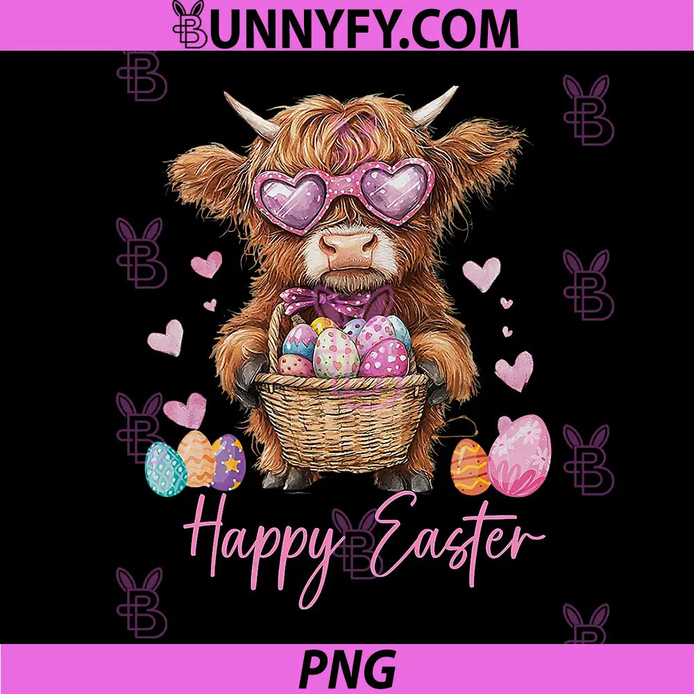 Easter Highland Cow Bunny PNG, Glasses Cute Easter Eggs Farmer PNG