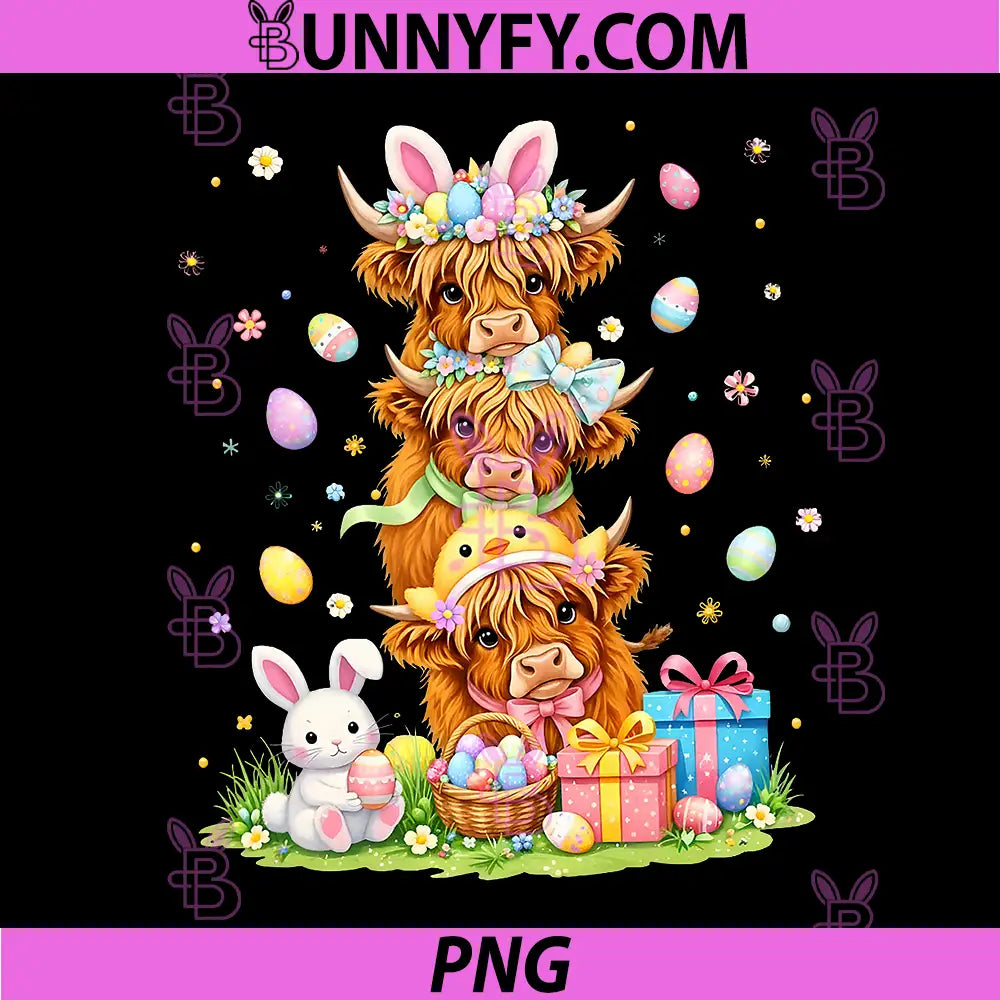 Easter Highland Cows PNG, Coquette Bow Bunny PNG, Eggs Easter Day PNG
