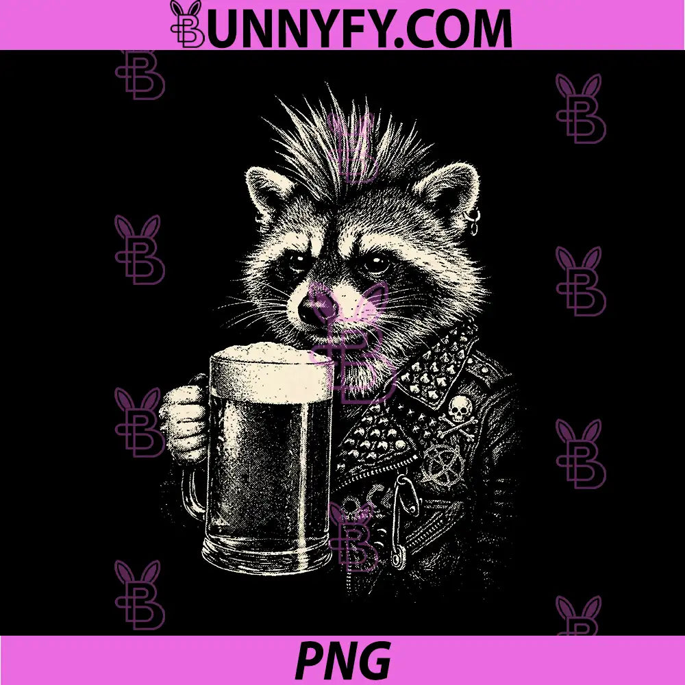 Edgy Punk Raccoon Drinking Beer PNG, Mohawk Studded Jacket PNG