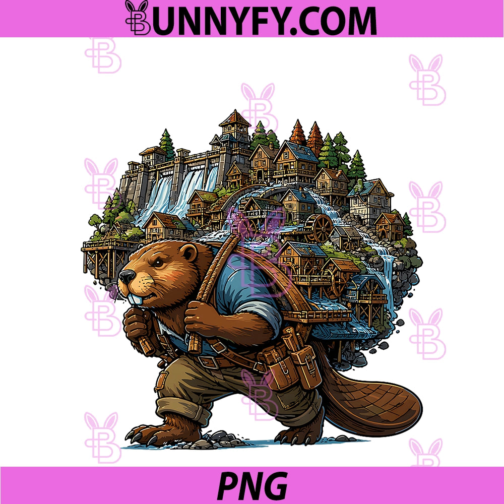 Epic Lumberjack Beaver PNG, Waterfall Town Fantasy PNG