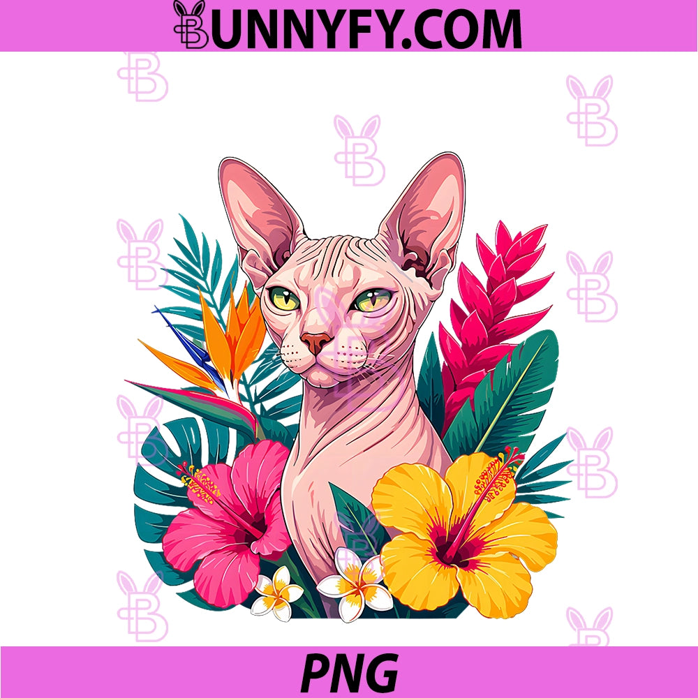 Exotic Hairless Sphynx Cat PNG, With Tropical Flowers PNG
