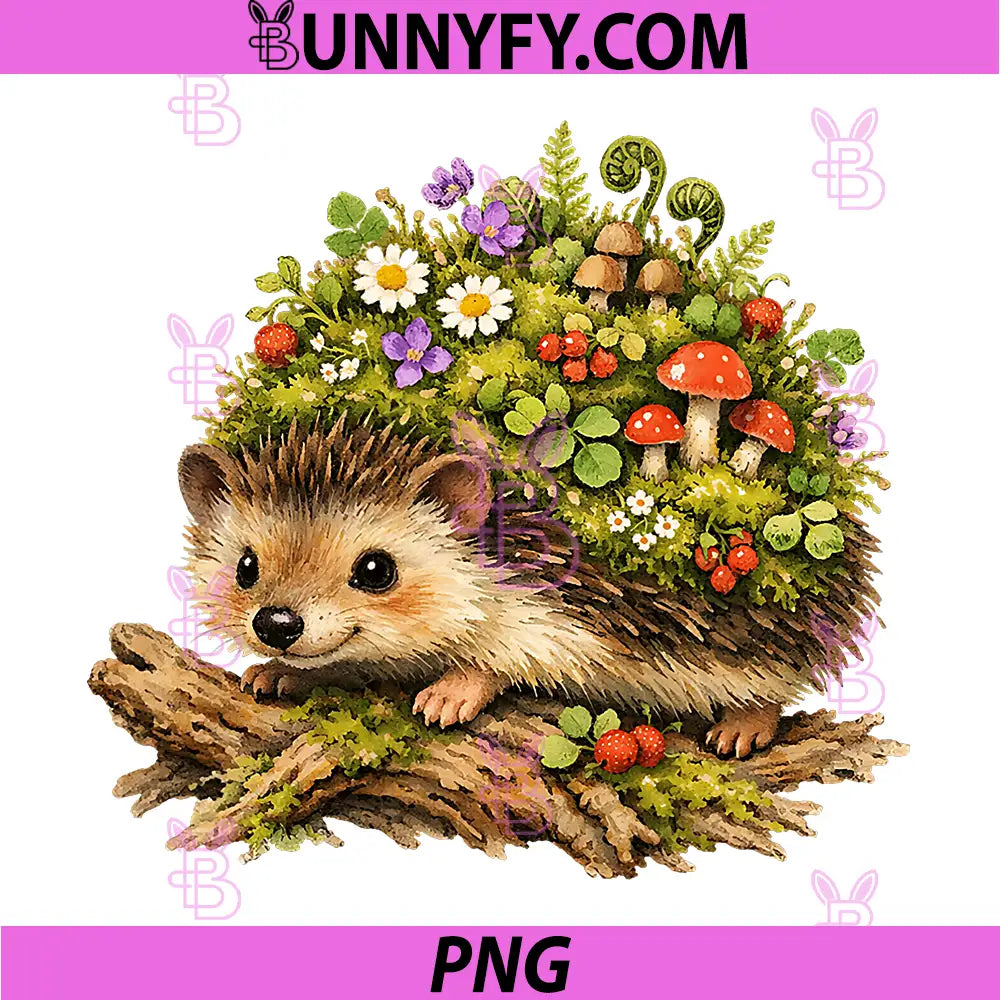 Fairycore Hedgehog Moss Garden PNG, Cottagecore Wildflower PNG