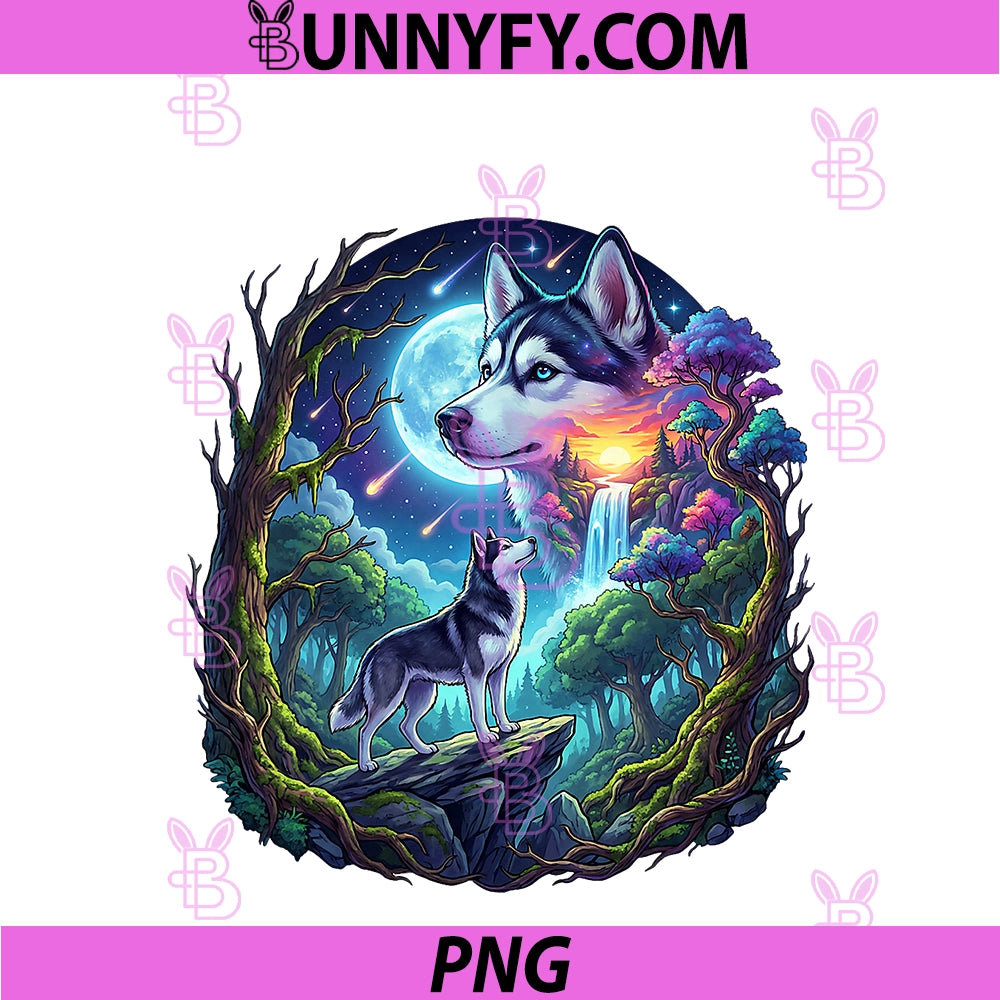 Fantasy Husky Dog Art PNG, With Moon And Mystical Night Forest PNG