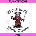 First Bark Then Chaos PNG, Funny Dog Coffee Sword PNG