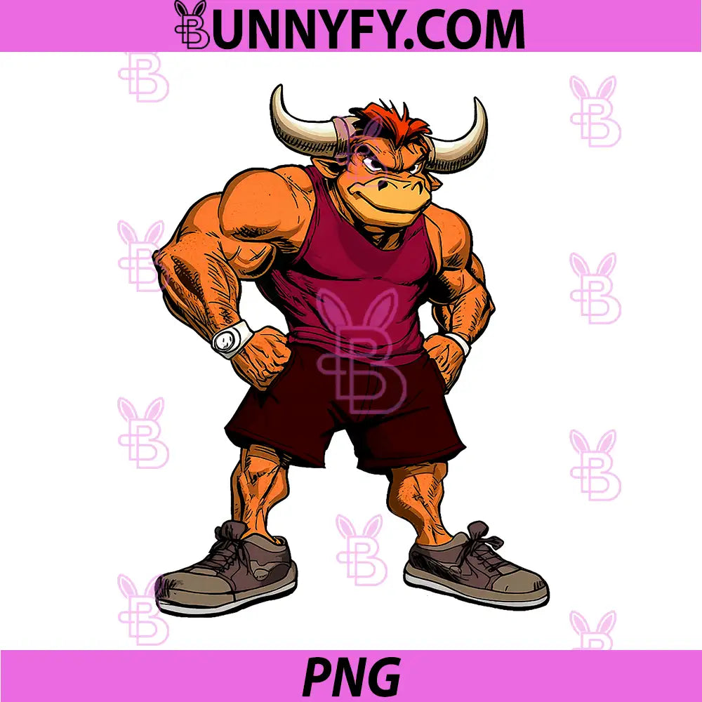 Muscular Bull Gym Cartoon Character PNG, Fitness Bodybuilder Strong Bull Art PNG