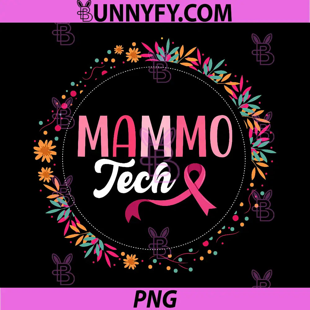 Mammo Tech Breast Cancer Ribbon PNG, Floral Circle Support Design PNG