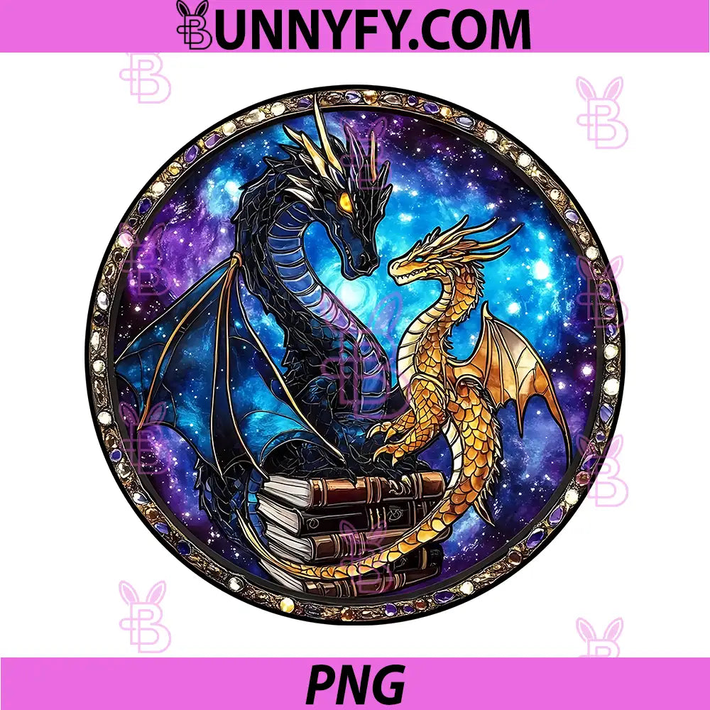 Dragon Stained Glass PNG, Fantasy Dragon Book Lover Suncatcher Art