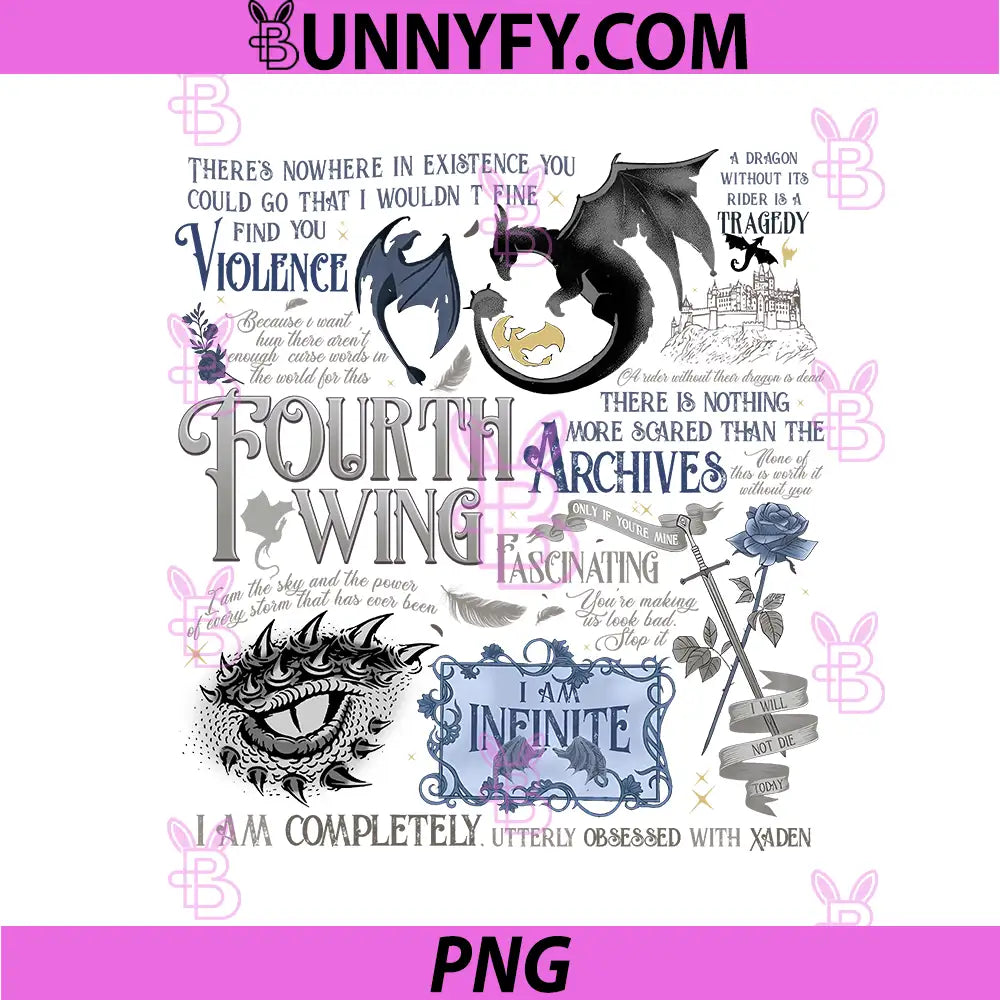 Fourth Wing Dragon And Quote Collection PNG, Epic Fantasy Book Lover PNG