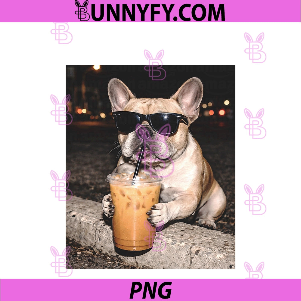 French Bulldog Drinking Iced Coffee PNG, Funny Animal PNG