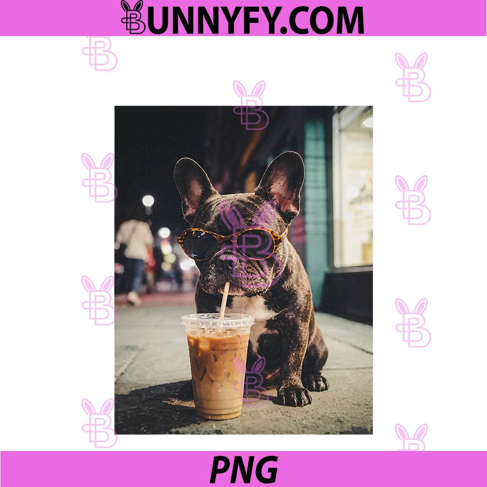French Bulldog Drinking Iced Coffee PNG, Funny Animal PNG