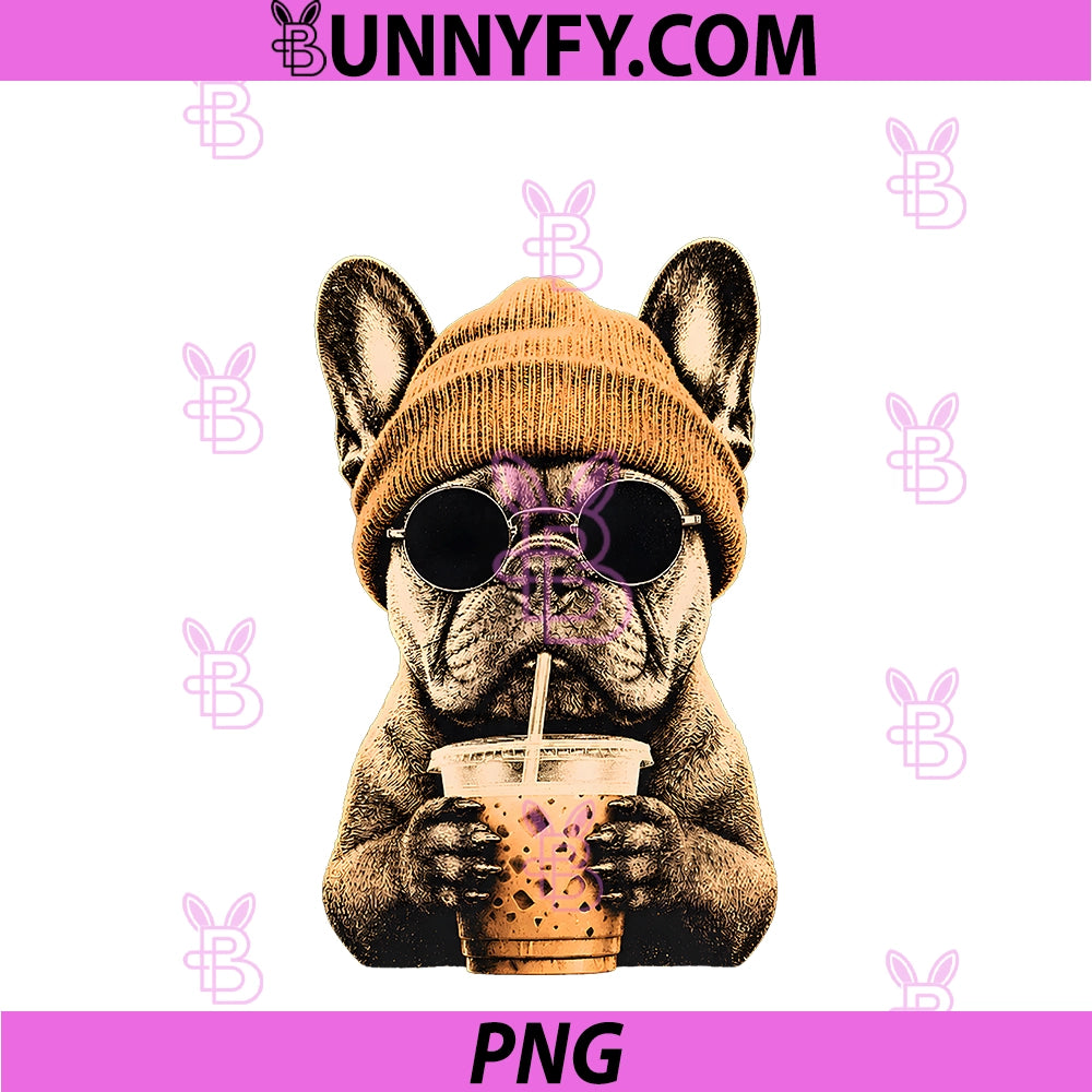 French Bulldog Hipster Dog PNG, Drinking Iced Coffee Sunglasses PNG