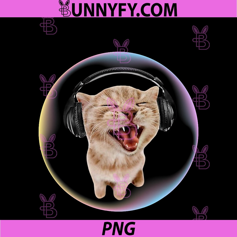 Frutiger Aero Cat Wearing PNG, Headphones Bubble 2000s Gen-Z Meme PNG