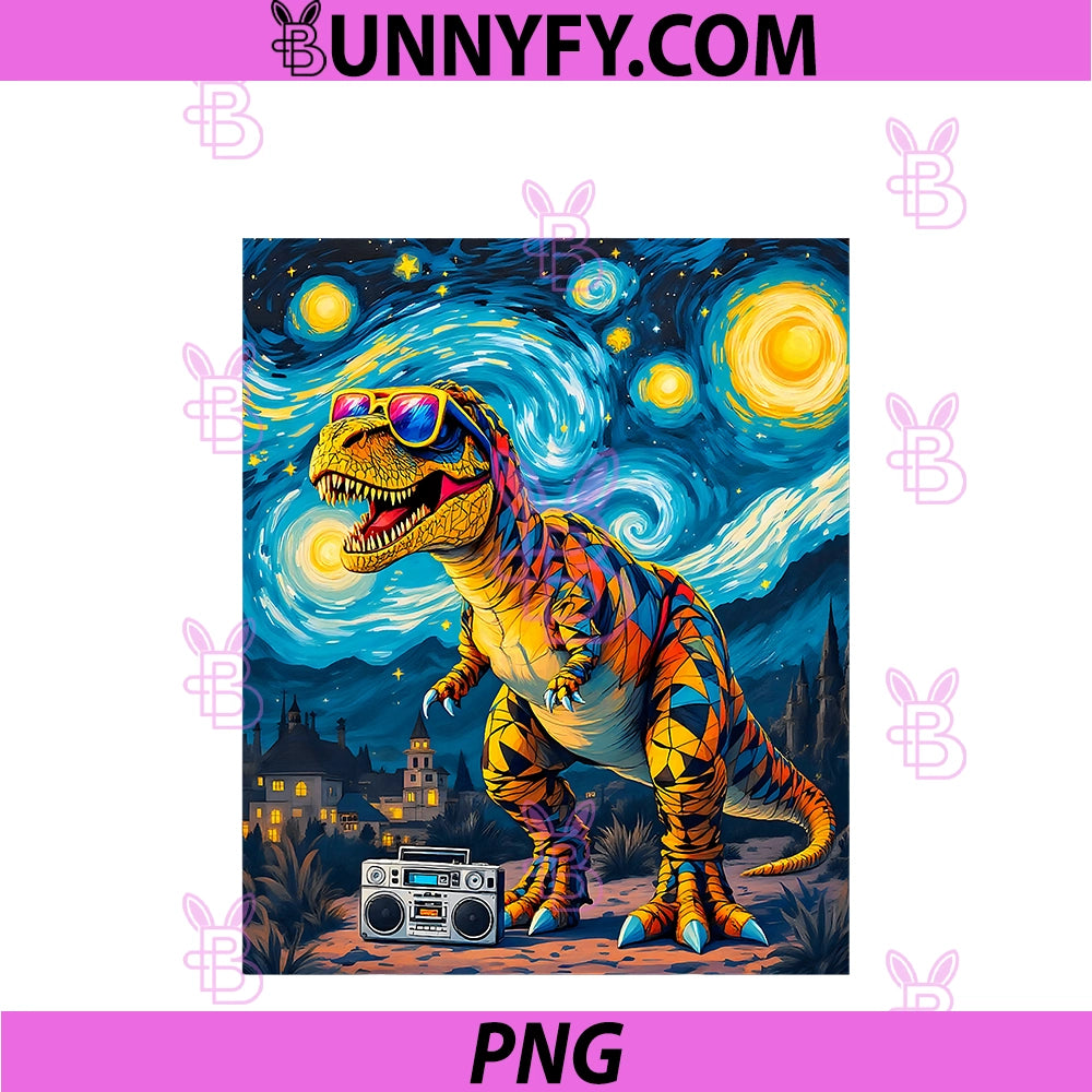 Funny 80's Boombox PNG, Dinosaur Van Gogh Starry Night Inspired PNG