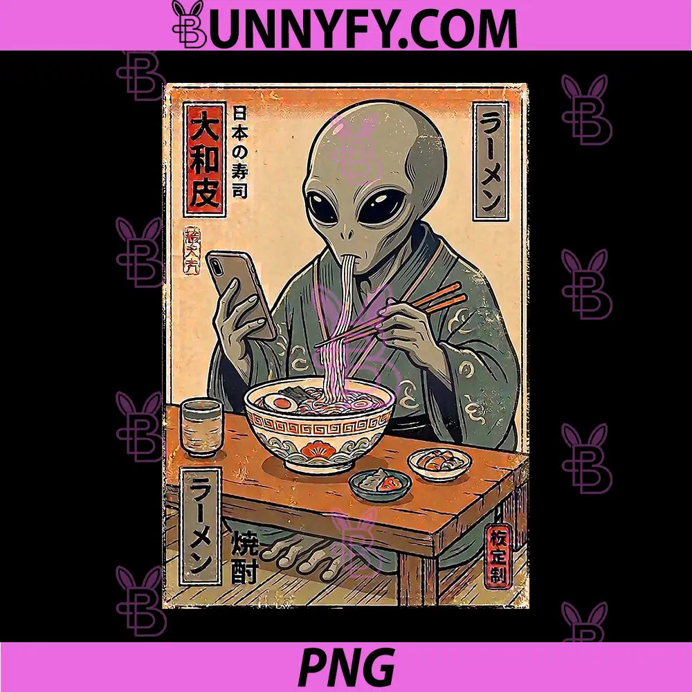 Funny Alien Eating Ramen PNG, Retro Japanese PNG