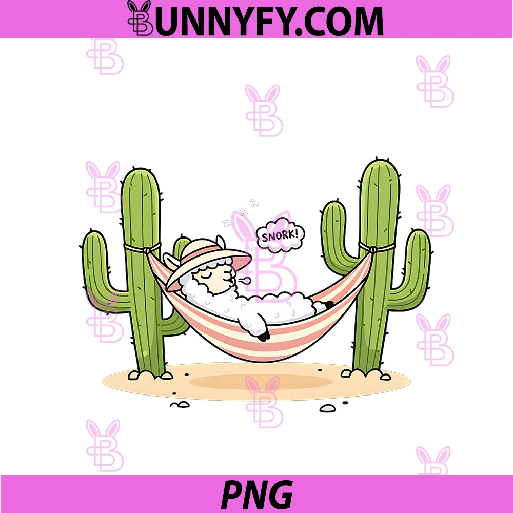 Funny Alpaca Sleeping In Hammock PNG, Desert Cactus Cartoon PNG