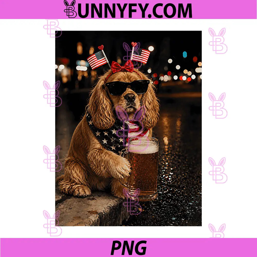 Funny Animal Cocker Spaniel PNG, Meme Drinking Beer 4th of July PNG