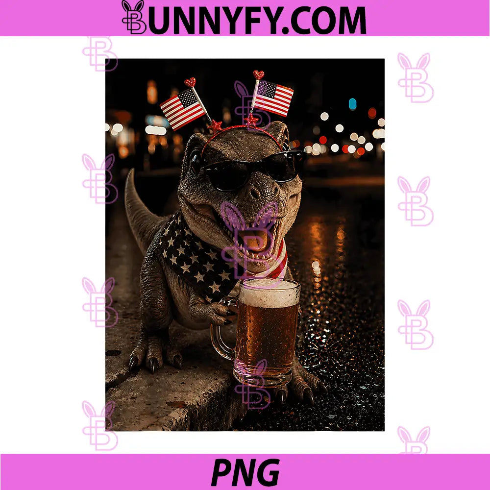 Funny Dinosaur Drinking Beer PNG, 4th of July PNG