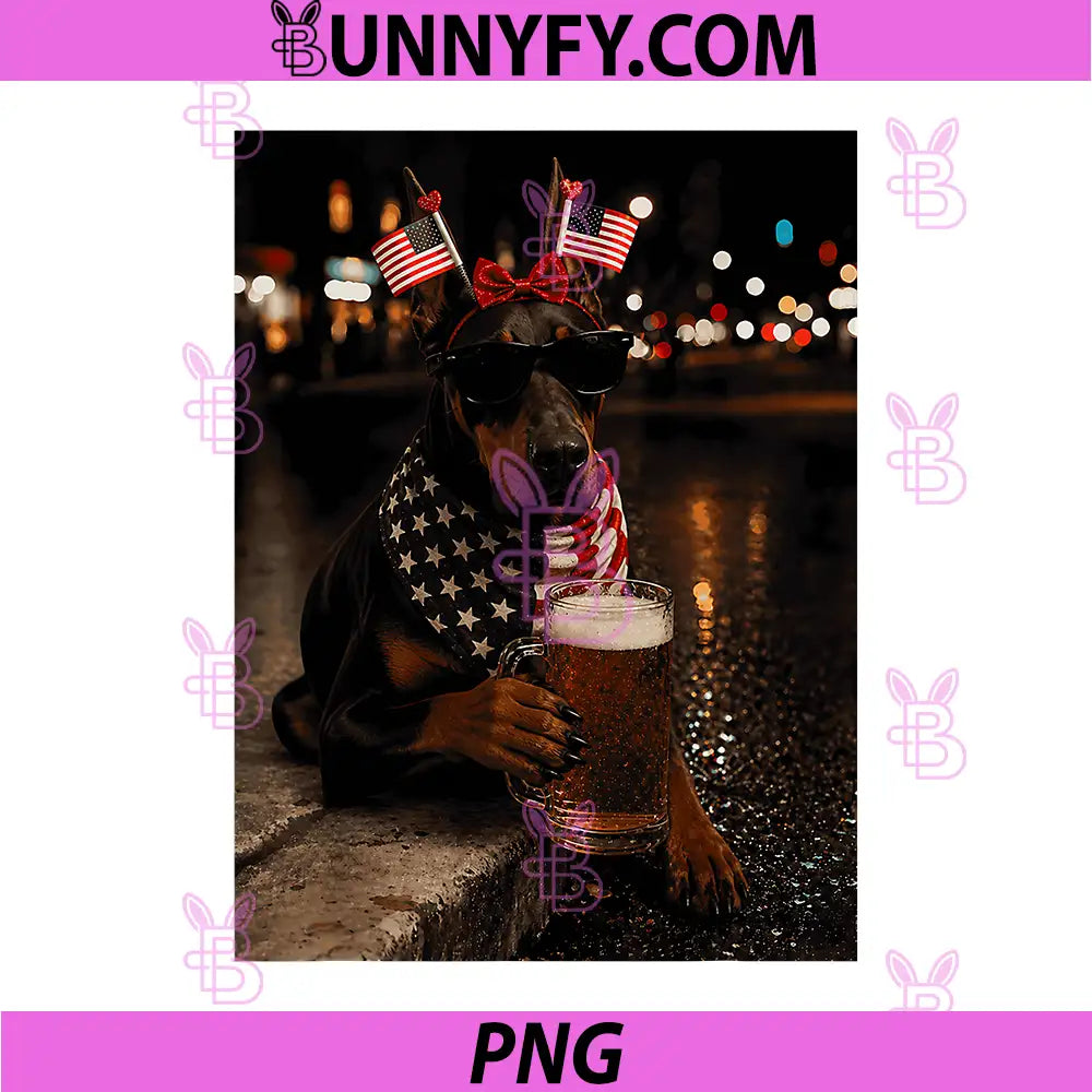 Funny Doberman Drinking Beer PNG, 4th of July PNG