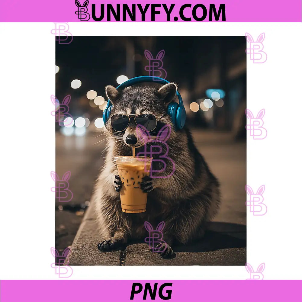 Raccoon Drinking Iced Coffee PNG, Funny Raccoon PNG 