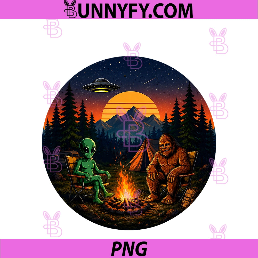Funny Bigfoot Alien Camping Retro PNG, UFO Campfire Vintage PNG