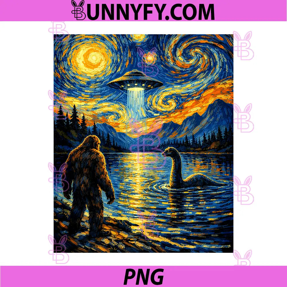 Funny Bigfoot UFO Lake Monster Van Gogh PNG, Starry Night Performance PNG