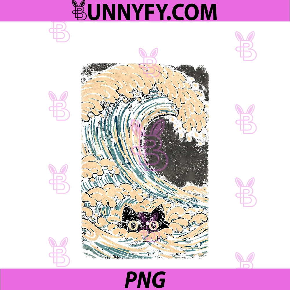 Funny Black Cat Japanese PNG, Wave Art Design PNG