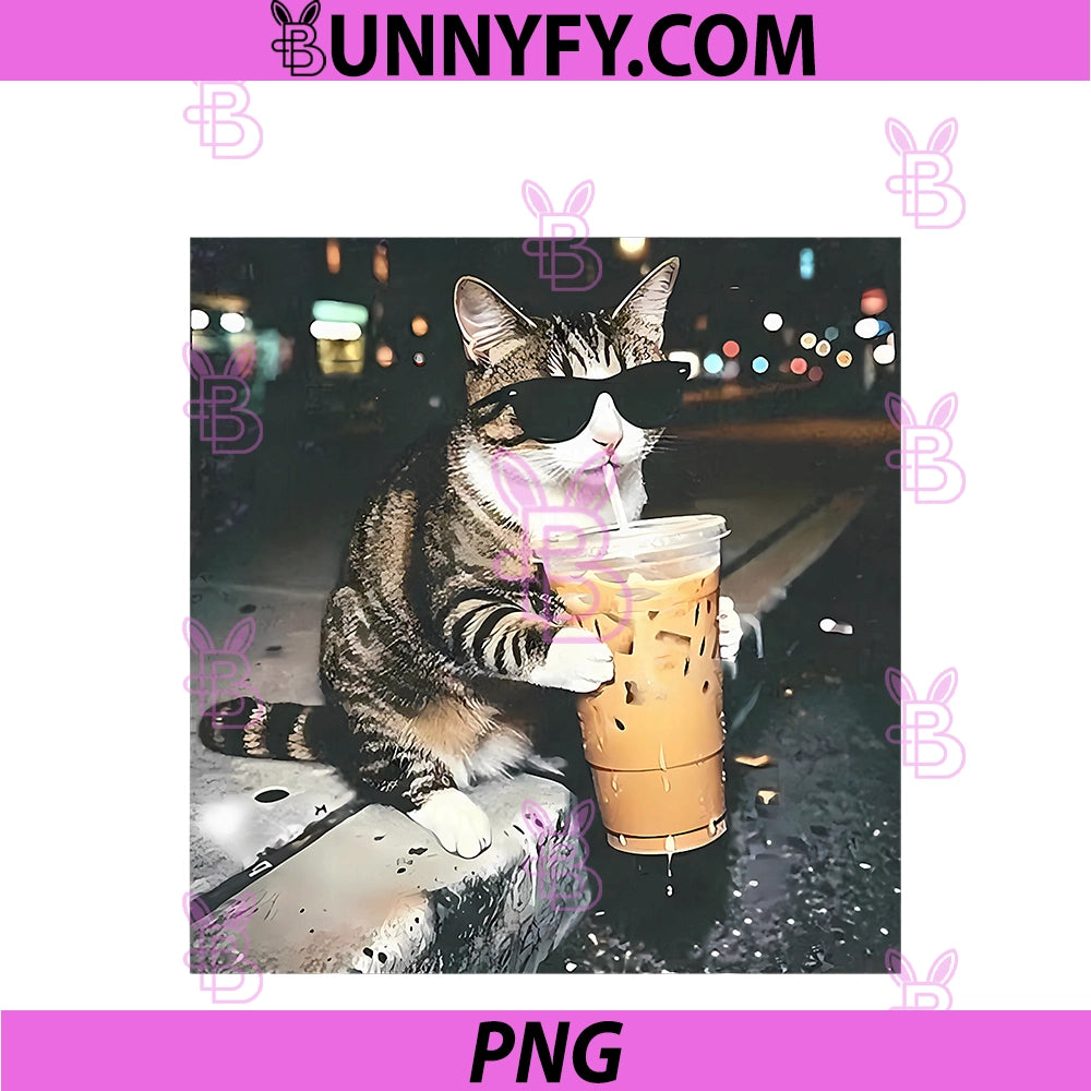 Funny Cat Drinking Iced Coffee PNG, Funny Cat Lover Animal Meme PNG