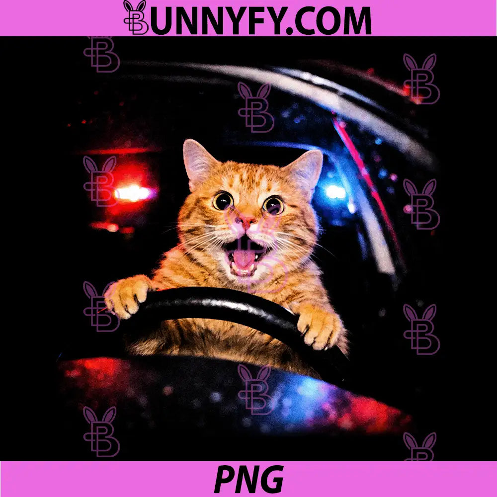 Funny Cat Driving Car with Police PNG, Lights Hilarious Meme PNG