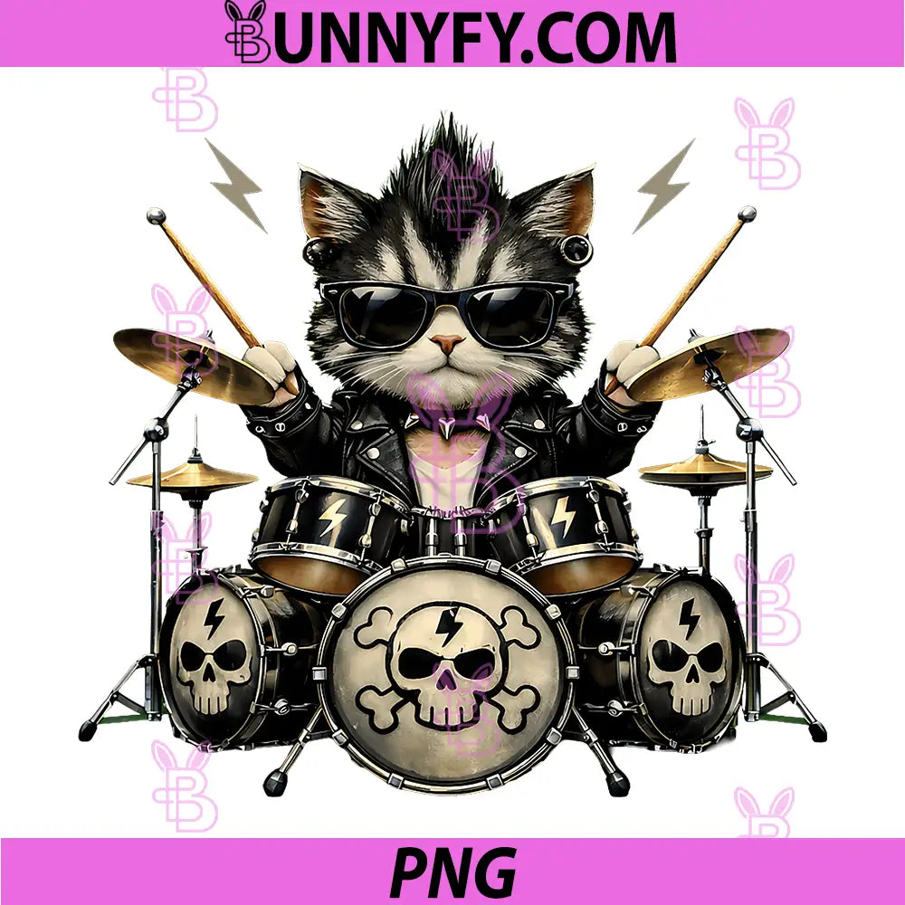 Funny Cat Drummer Punk Rock'n PNG, Roll Skull Music PNG