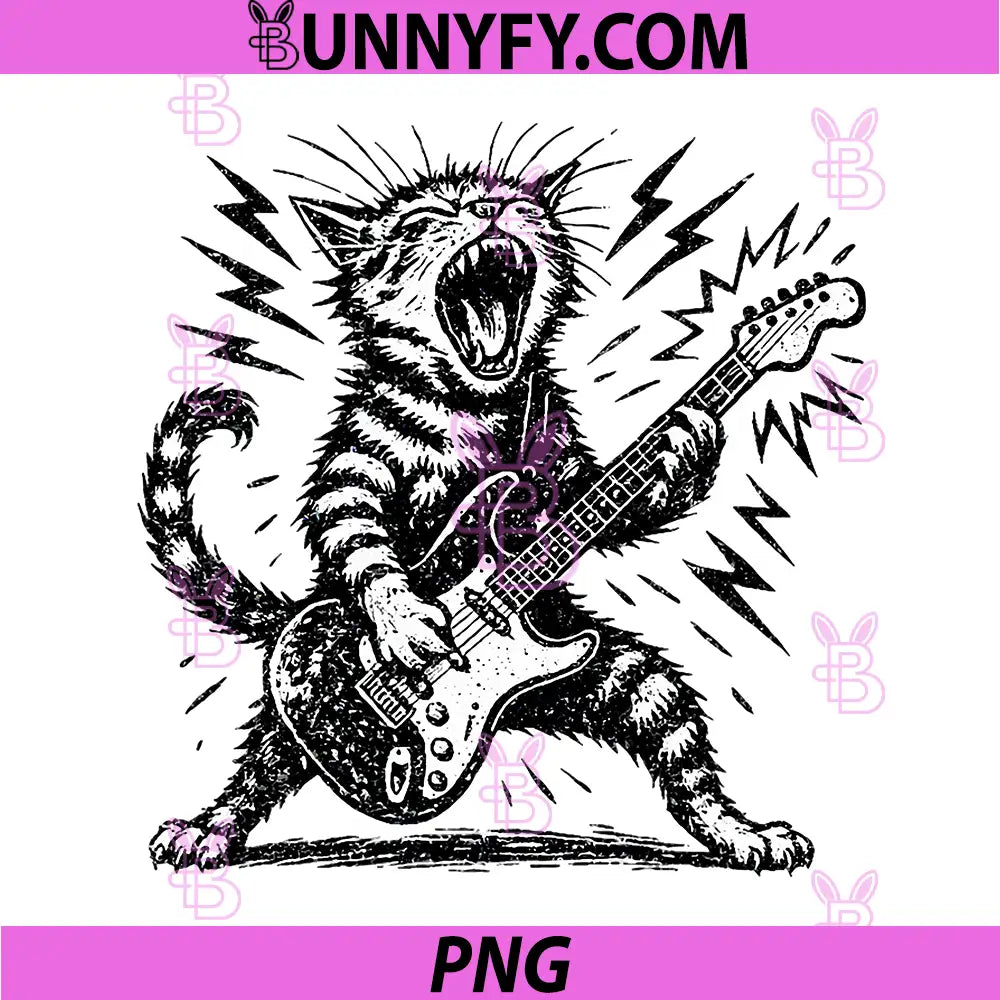 Funny Cat Playing Electric PNG, Guitar Rock Star Graphic PNG