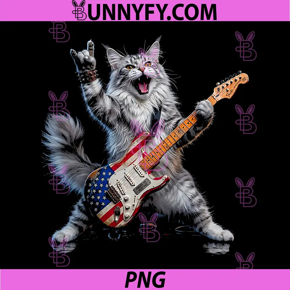 Funny Cat Playing Guitar PNG, 4th of July 250th Anniversary Cat PNG
