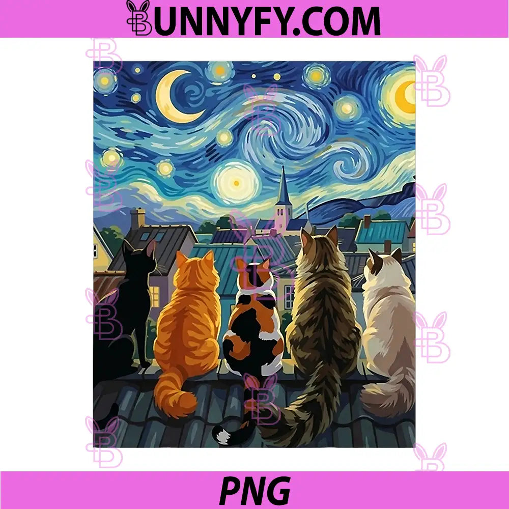 Funny Cat Starry Night PNG, Van Gogh Cats Rooftop Scene Feline PNG