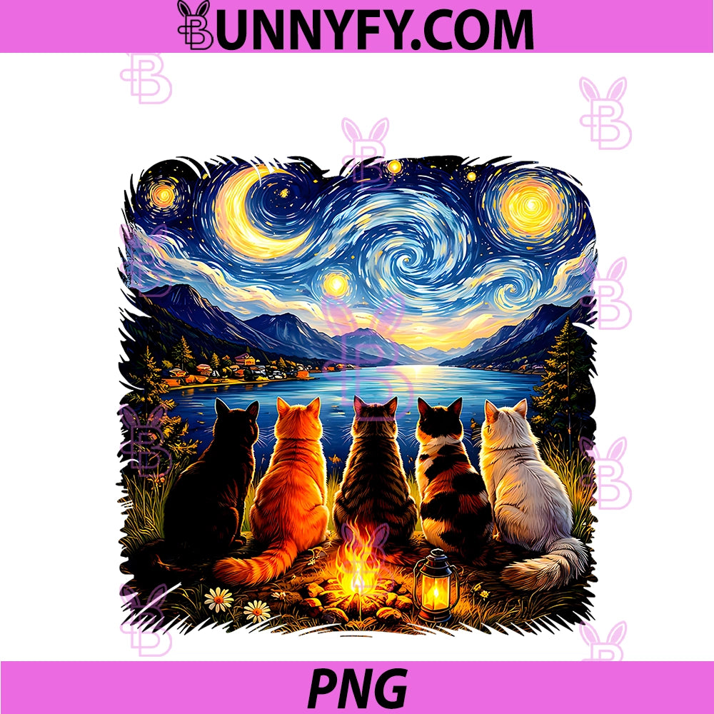Funny Cat Starry Night Van Gogh PNG, Cats Campfire Nature Outdoor PNG
