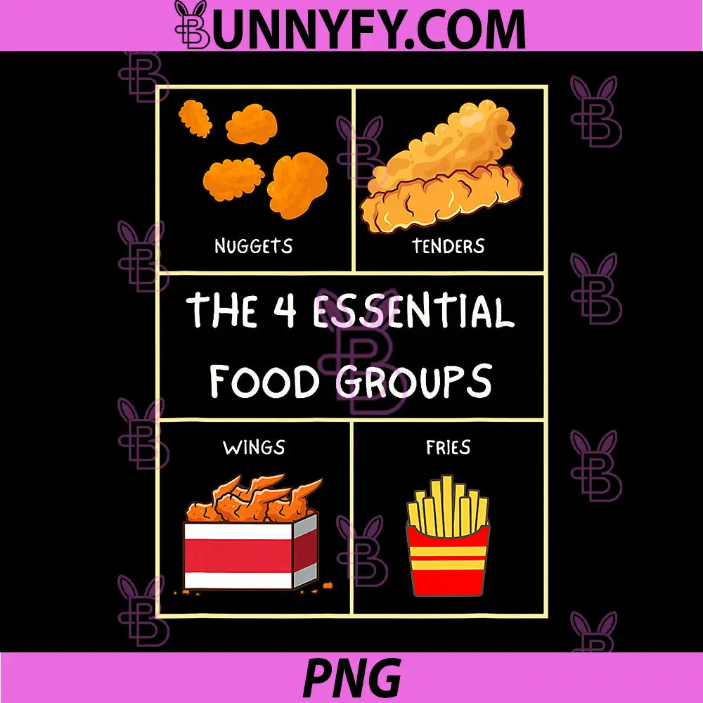 The 4 Essential Food Groups Chicken Art PNG, Nuggets Wings Fries Funny PNG
